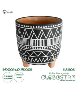 GloboStar® Artificial Garden NAIROBI 20509 Διακοσμητικό Κεραμικό Κασπώ Γλάστρα - Flower Pot Μαύρο με Λευκό Φ16 x Υ16cm